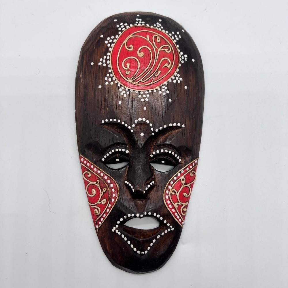 Tiki Mask Hand Carved & Painted Wood Brown Red White Dot‎ Tribal Indonesia Art